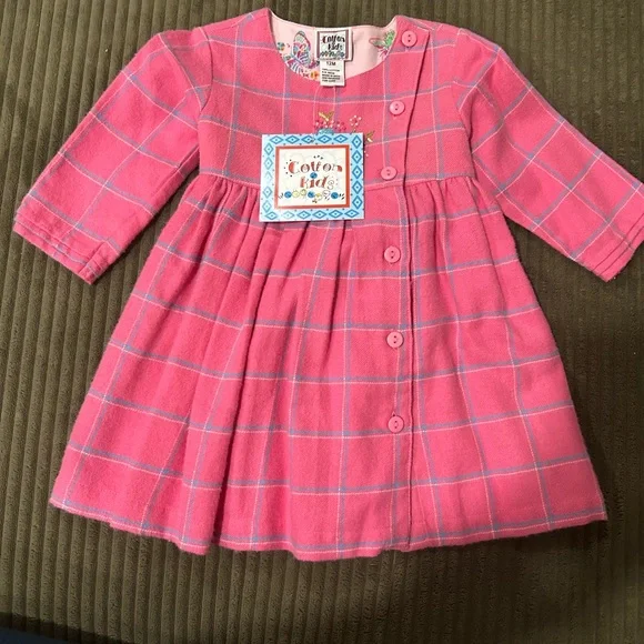 Girls' Pink Plaid Button-Front Dress with Floral Embroidery - Picture 2 of 3